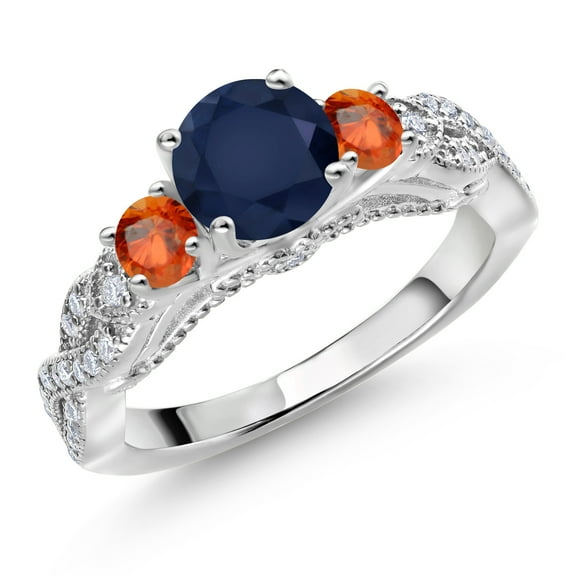 Gem Stone King 1.69 Cttw Blue Sapphire Orange Sapphire and White Moissanite Ring for Women | 925 Sterling Silver | Round 6MM and 3MM | Wedding Engagement Anniversary Promise Ring for Women | Size 8