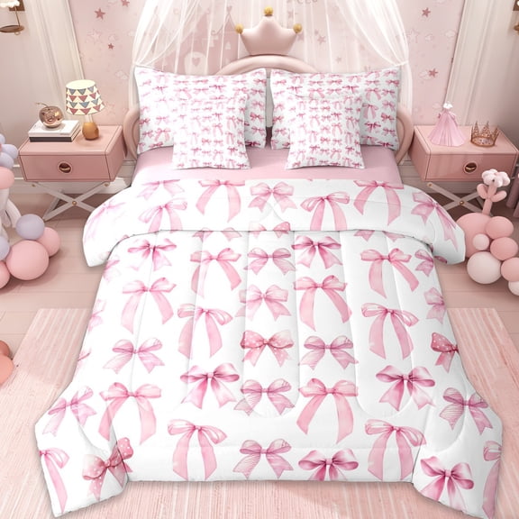Erosebridal Cute Pink Bow Kids 7-Piece Twin Bedding Sets,Kawaii Coquette Bowtie Bedding Comforter Set For Bowknot Lover,Pink Reversible