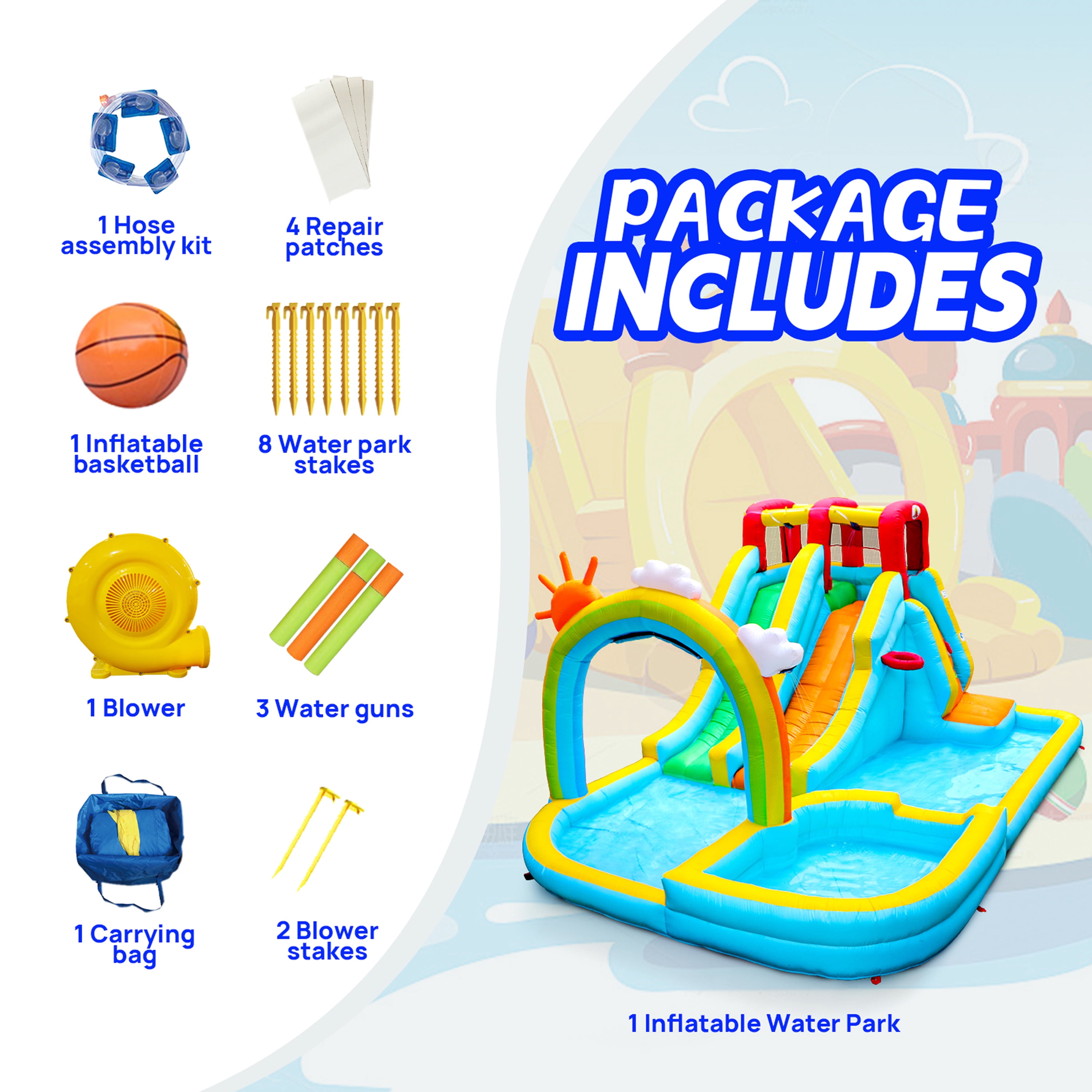WELLFUNTIME Inflatable Water Slide for Kids, Bounce House with Blower, Water Park with Double Slides, Splash Pool