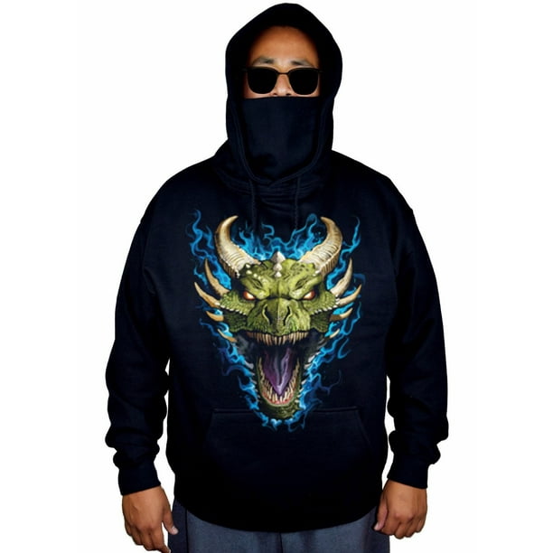 Interstate Apparel - Men's Flaming Dragon head Black Mask Hoodie ...