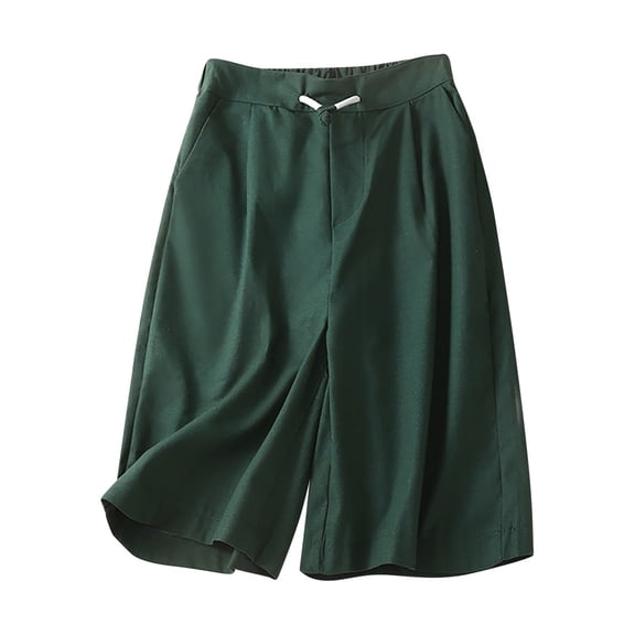 WIZUTIZ Long Shorts for Women Wide Leg Relaxed Active Loose Shorts High Rise Solid Shorts Knee-Length with Pockets Ruched Shorts for Ladies Trendy Shopping Green Linen