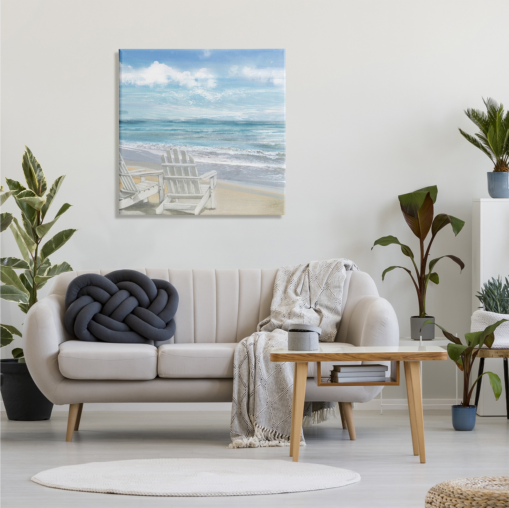 The Stupell Home Decor Collection White Adirondack Chairs on the Beach Painting XL Stretched Canvas Wall Art, 30 x 1.5 x 30