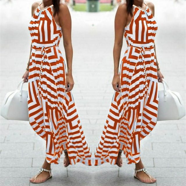 Staron Robes d'Été pour Femmes en Liquidation à Moins de 10$ Robe Longue Bohème Rayée Boho Sans Manches Bretelles Spaghetti Soirée de Printemps Robe à Volants