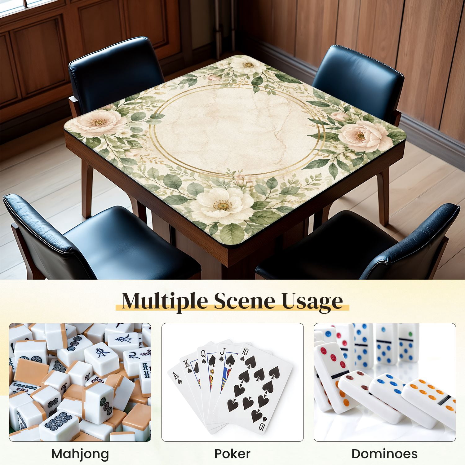 Mahjong Mat 31.5" x 31.5" Green Beige Floral Wreath Gold Circular Frame Botanical Non-Slip Noise Reduction Mahjong Tiles Table Cover for Dominoes Poker Card Board and Tile Games