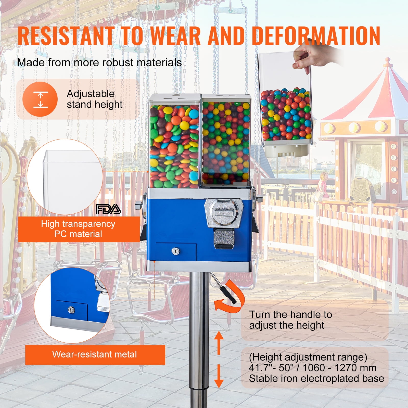 VEVOR Commercial Vending Machine, Four Compartment Rotatable Gumball and Candy Dispenser, Adjustable Height Coin Operated Candy Bank with Iron Stand, for Business Toy Capsules Bouncy Balls Nut, Blue
