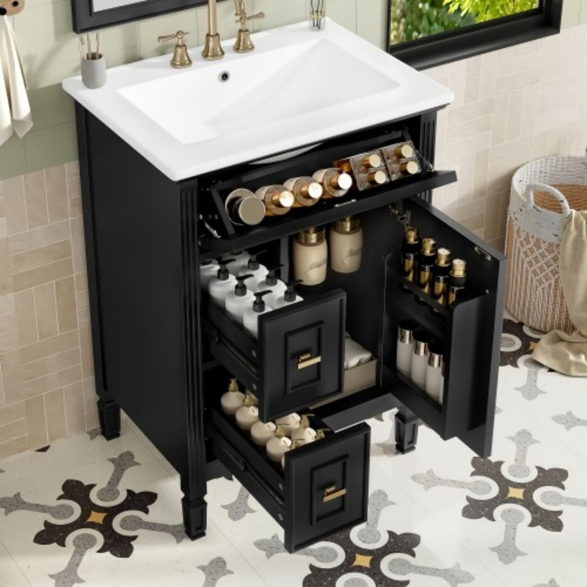 24" Bathroom Vanity with Sink, Modern Bathroom Cabinet with Ceramic Undermount Sink, Solid Wood & MDF Storage Cabinet with Flip Drawer, Adjustable Shelf, Black