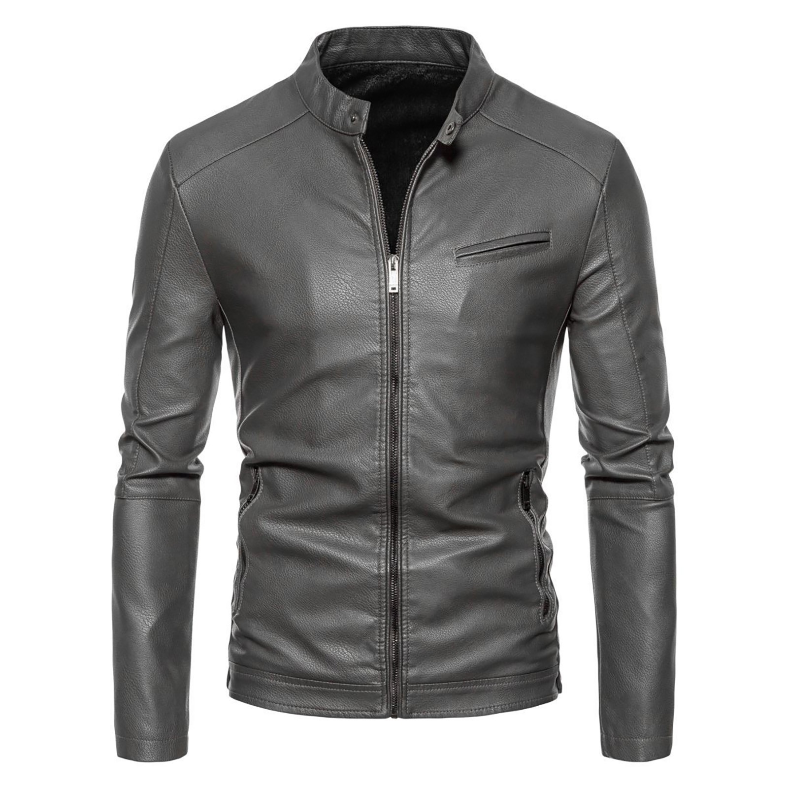 Men Leather Jackets Men's Stand-up Collar Leather Biker Padded Jacket Large Size Fashion Casual Jacket Leather Jacket Gray XXL