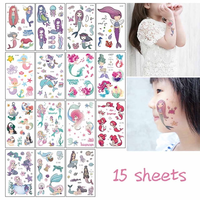 15 Uds pegatinas de tatuaje temporal de animales de sirena de dibujos animados para niños pegatinas de tatuaje temporal para niños