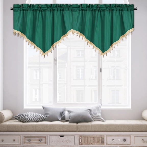 Outoloxit Triangle Valance Curtain with Decorative Fringe, Short Kitchen Window Treatment, Rod Pocket Design, 51x24 Inches, Polyester Fabric