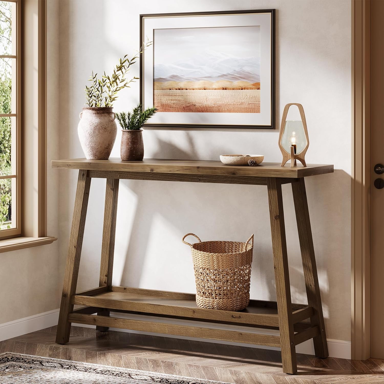 Tribesigns 41.3" Farmhouse Console Table, Solid Wood Entryway Table with Storage Shelf for Living Room, Hallway, Foyer, Easy Assembly, Brown