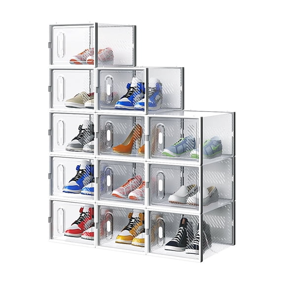 HiiKaa 12 Pack Stackable Shoe Storage Boxes Fit Size 5,Thickened Clear Shoe Box Bins with Lids,Plastic Foldable Organizer Sneaker Storage Containers