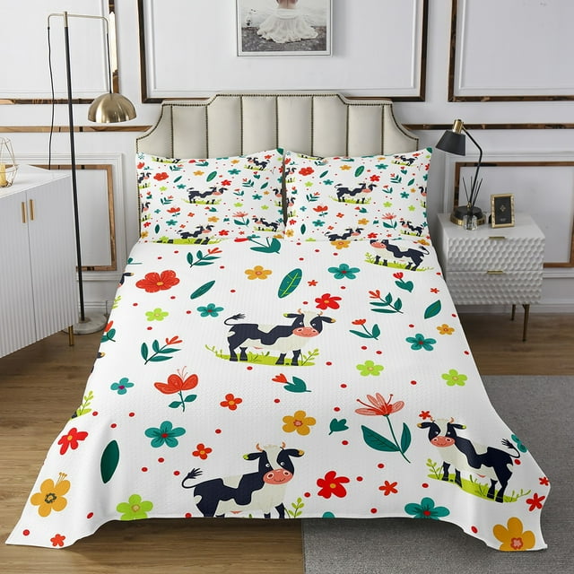 YST Milk Cow Quilt Set Kawaii Animal Twin Bedspread Set For Girls Kids Cute Flower Animal Bed Set, Rustic Farm Animal Coverlet Set Botanical Flower Pattern 3D Bedding Set
