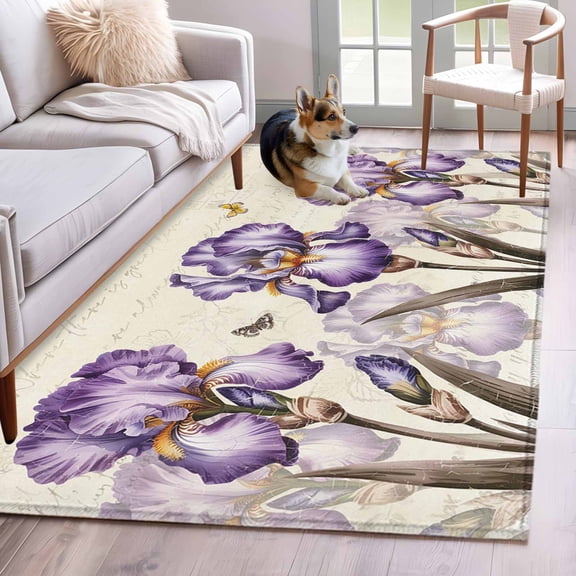 Area Rugs 2.7'x5', Purple Iris Carpet for Living Room Bedroom Dining Room, Spring Vintage Butterfly Leaves Flowers Beige Throw Kitchen Rugs Non Slip Washable Rectangle Indoor Outdoor Rugs