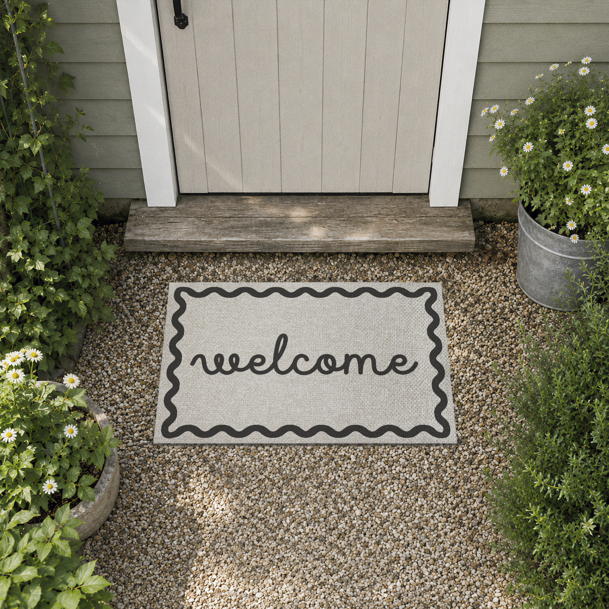 Stupell Industries Black & White Wavy Welcome Printed Outdoor Imitation Sisal Floor Mat, design by Lil' Rue