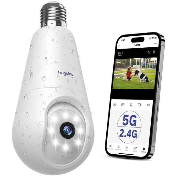 Hugolog 2K Light Bulb Security Camera 5G& 2.4GHz WiFi, 360° Wireless Outdoor Indoor Camera for Home, Motion Detection, Two-Way Talk, Color Night Vision, Siren Alarm, Compatible with Alexa