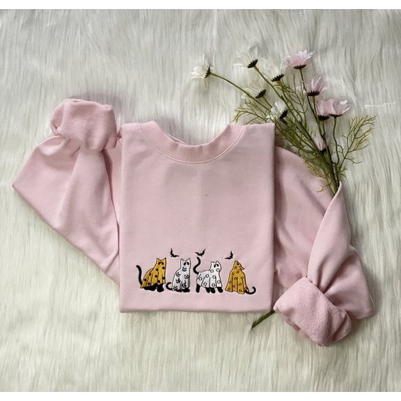 Embroidered Ghost Cats Halloween Sweatshirt