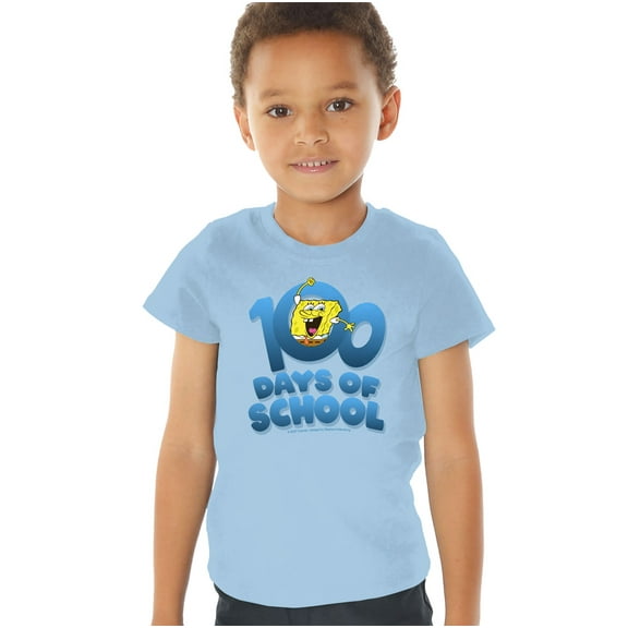 SpongeBob 100 Days of School Kids T Shirt (4) for Toddler Boys and Girls, Light Blue