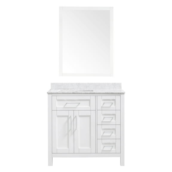 Ove Decors Tahoe 36 in W x 21 in D Pure White Bathroom Vanity with Bombay White Marble Countertop and Mirror