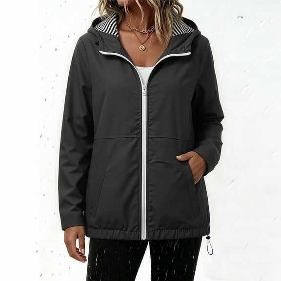 DPTALR Women's Striped Lined Hooded Water Resistant Windbreaker Jacket,Black,Women's Plus Size L