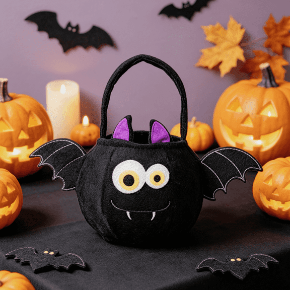 1Pc Bat Shaped Halloween Trick or Treat Bag, Soft Plush Reusable Handheld Candy Bucket for Kids Halloween Party Gift Storage Supplies
