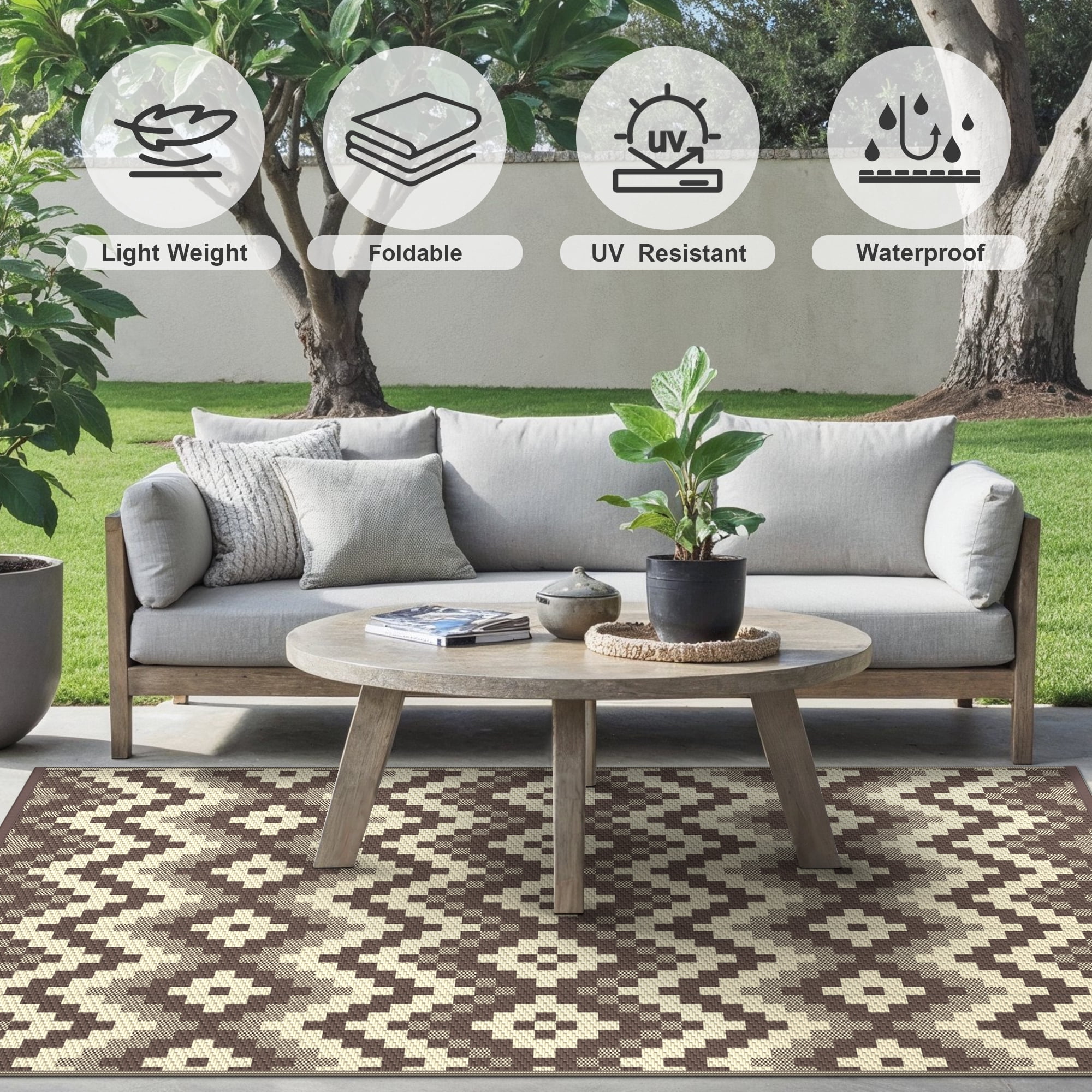 KUETH 6' x 9' Outdoor Rug Waterproof Camping Patio Rug Boho Geometric Reversible Outdoor Plastic Carpet for RV Blcony Picnic Porch,COFFEE&BEIGE