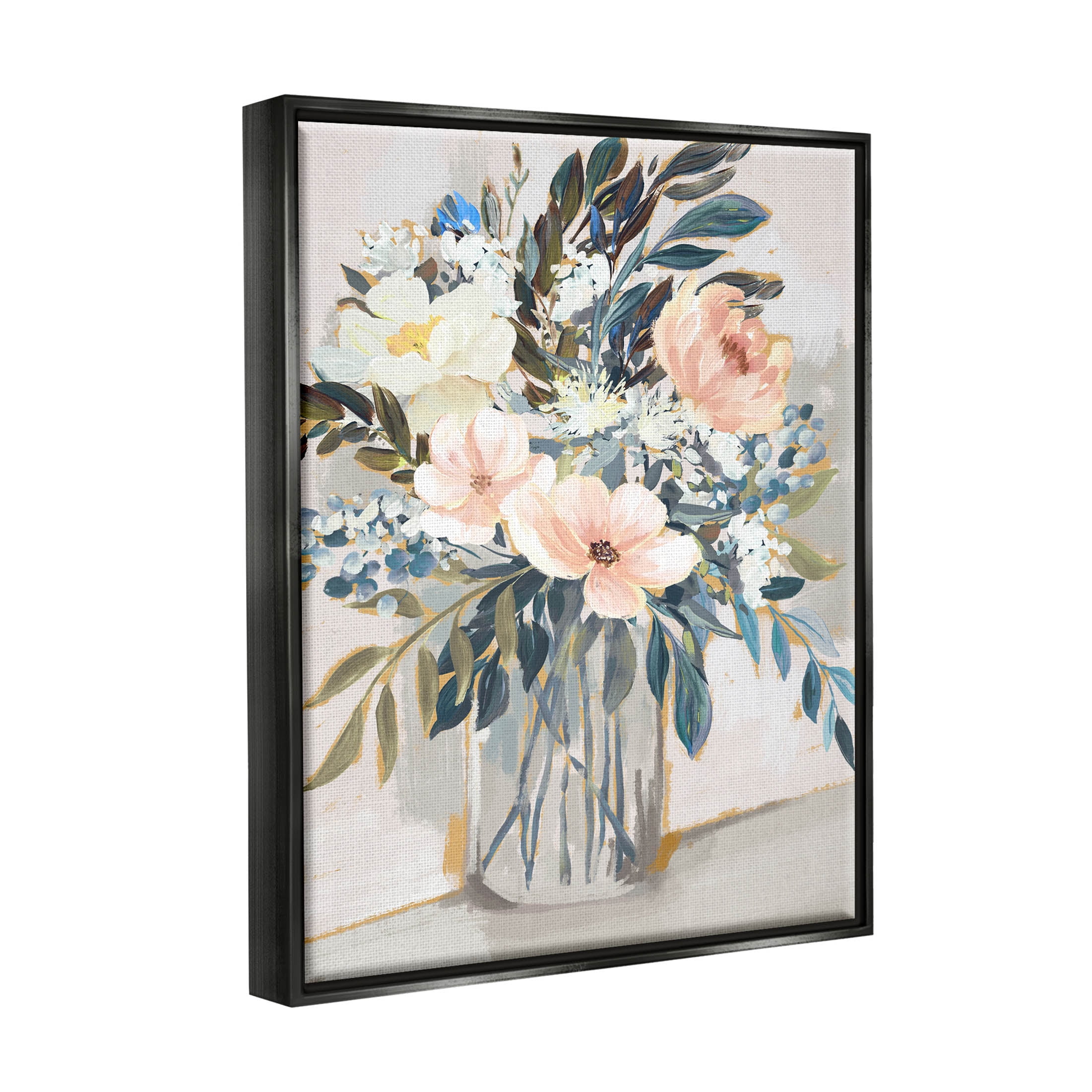 Stupell Industries Pink Overflowing Floral Bouquet Painting Jet Black Floating Framed Canvas Print Wall Art, Design by Nina Blue