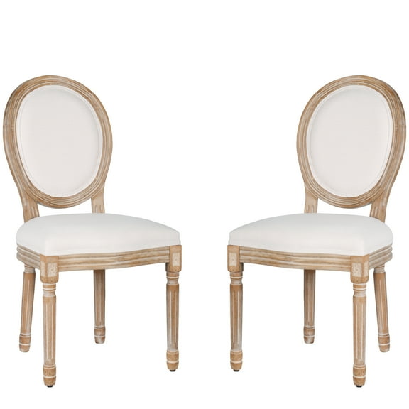French Dining Chairs Set of 2 Beige Natural Fabric Round Back with Solid Wood Legs and Frame for Bedroom Dining Room Kitchen
