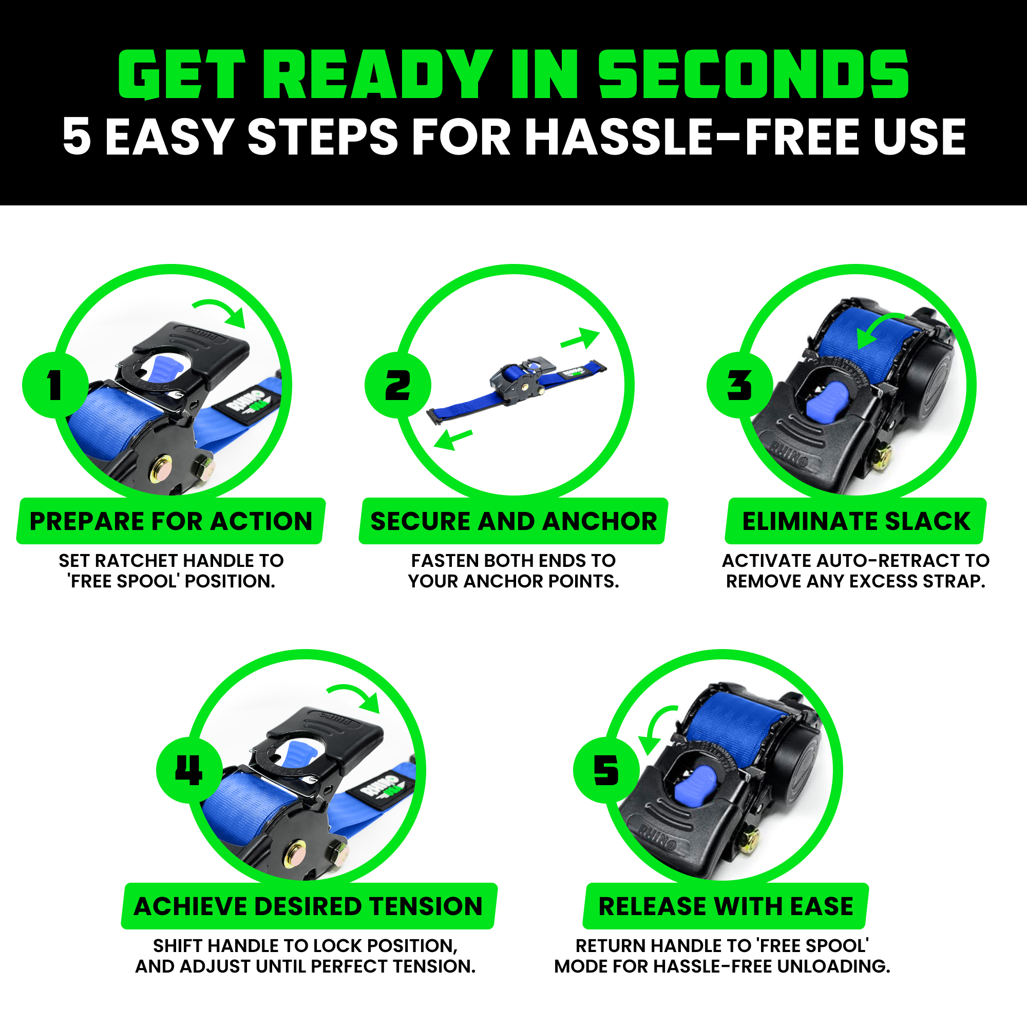 Rhino USA 2" x 10' E Track Retractable Ratchet Tie Down Straps - 3033lb Break Strength (Blue 4Pack)