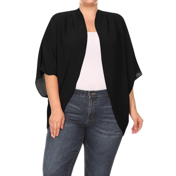 Women's Plus Size Loose Fit 3/4 Sleeves Kimono Style Open Front Solid Cardigan S-3XL