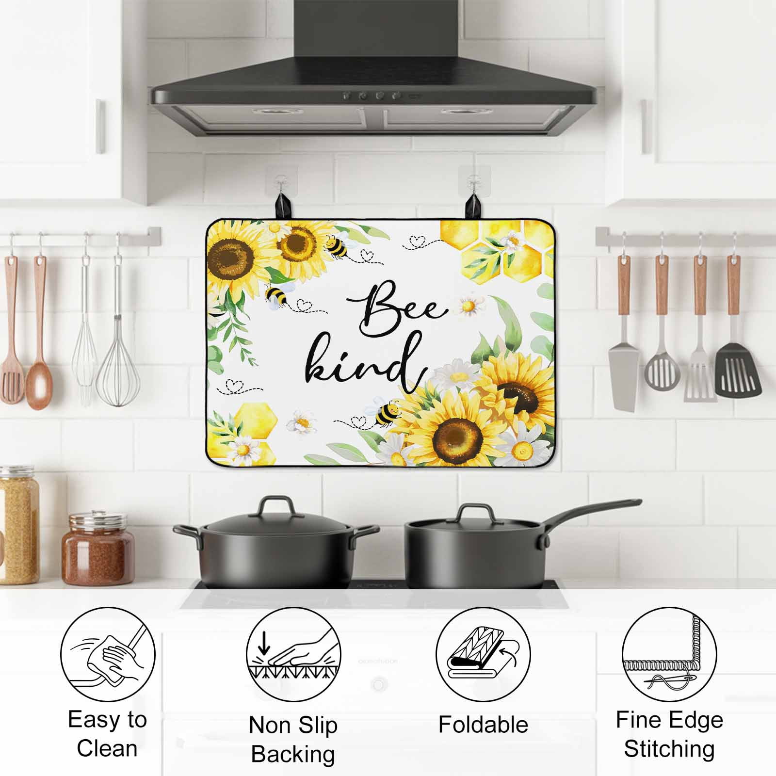 Sunflower Floral Stove Top Cover for Electric Stove, Heat-proof & Non Slip Glass Top Stove Cover Protector, Farmhouse Pastoral Daisy Bees Botanical Kitchen Flat Cooktop Rubber Mat 24x21 Inches