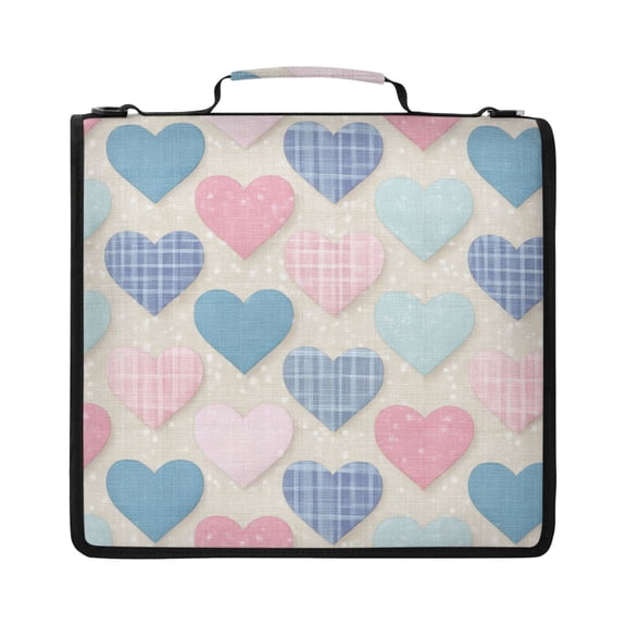 Zipper Binder with Shoulder Strap 2 inch 3 Ring Waterproof File Folder Organizer Bag 500 Sheet Gingham Heart-shaped Pattern