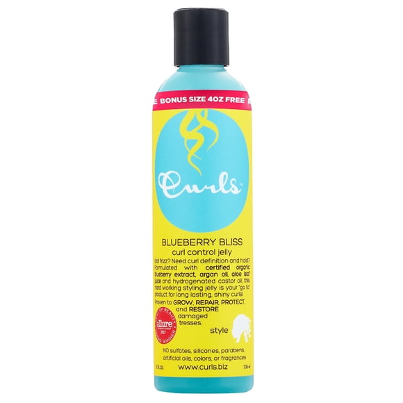 Curls Blueberry Bliss Control Jelly - Definir y desfrizz - Wash and Go's Twist Outs Trenzas y juegos de rodillos - Para tipos de cabello ondulado, rizado y enrollado 12oz
