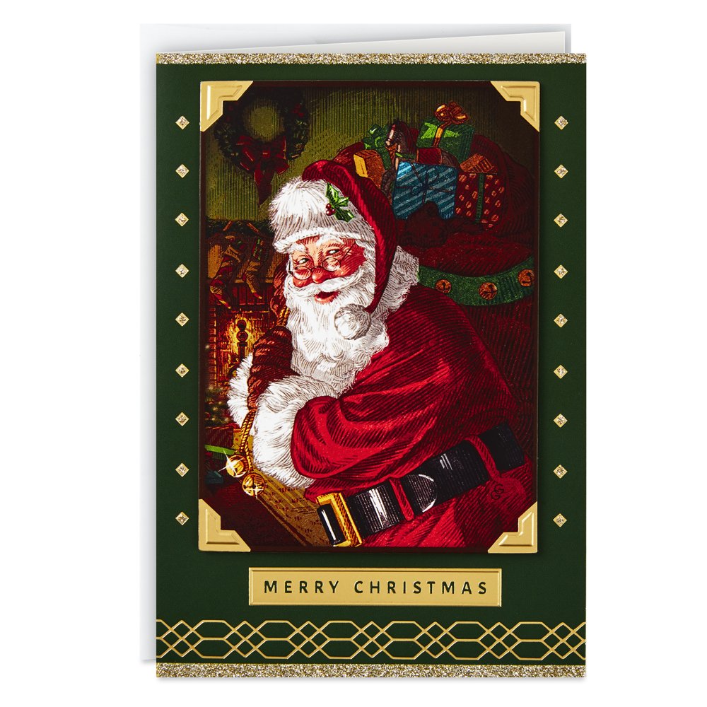 Hallmark Boxed Christmas Cards Green And Gold Santa Claus 12 Cards