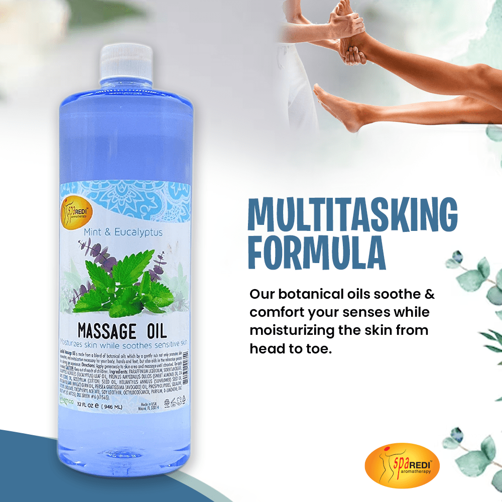 SPA REDI - Massage Oil, Mint Eucalyptus, 32 Oz - Professional Full Body Massage Therapy, Manicure, Pedicure - Relax Sore Muscles and Repair Dry Skin, Enhanced with High Absorption Oils and Vitamin E