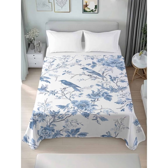White Blue Spring Floral Twim Size Flat Sheet, Wrinkleproof & Fadeproof Cooling Flat Bed Sheet Only, Summer Birds Botanical Breathable Soft Bedding Top Sheets 66 x 96 Inches