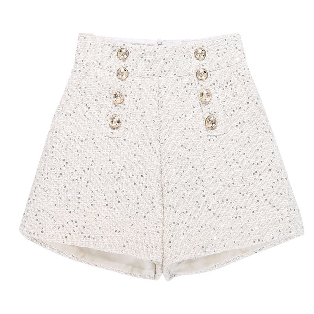 Pantalones cortos de pierna ancha con cierre de cremallera y cintura alta, decoración con botones delanteros, pantalones cortos con purpurina para mujer con bolsillos para fiesta diaria