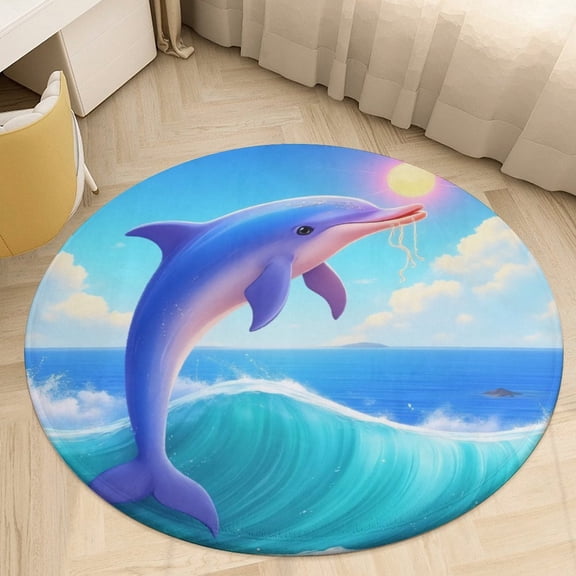 Dolphin Jumping Over Waves Round Area Rugs for Bedroom Living Room, 3FT Soft Indoor Circle Carpets, Carpet Home Decor Floor Mat