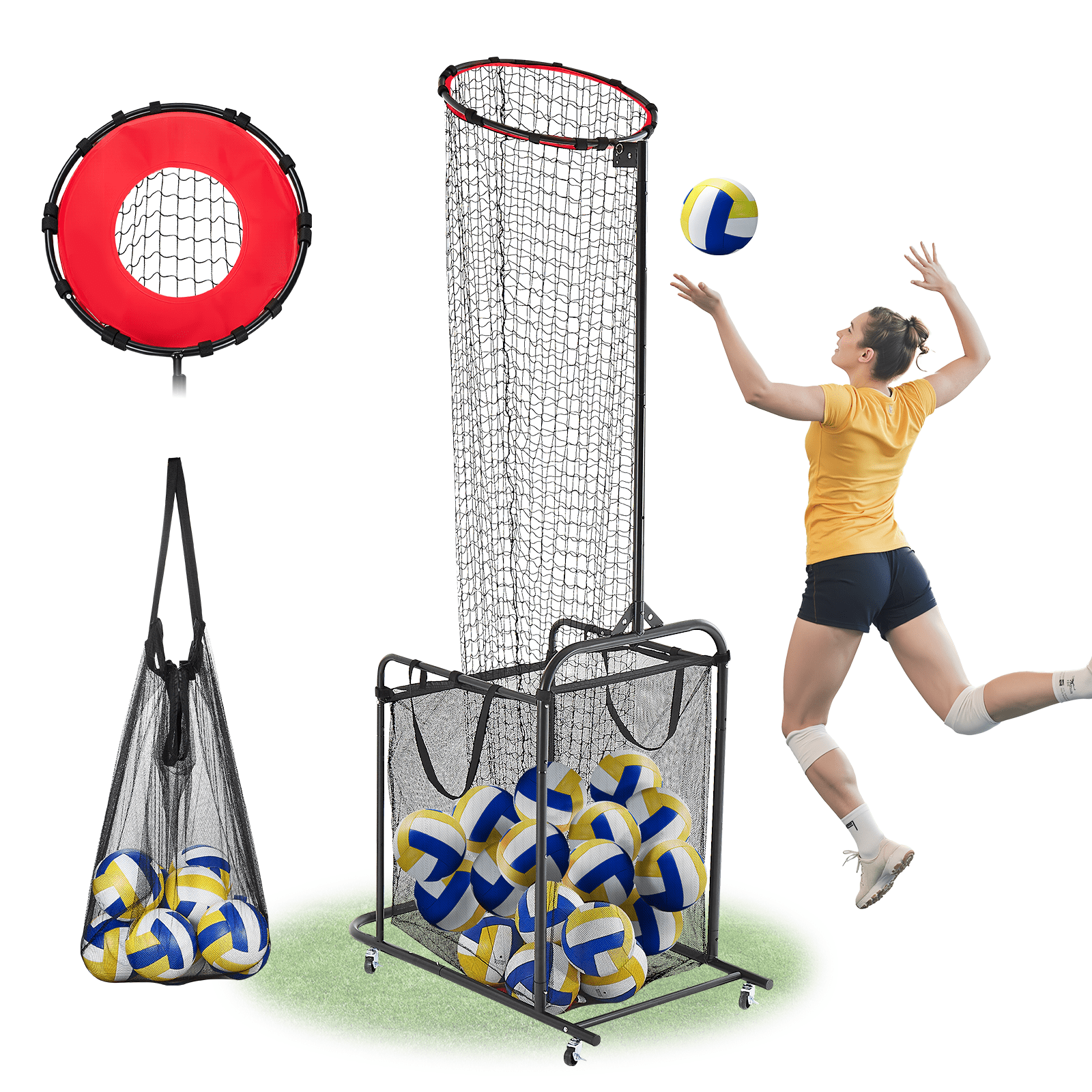 VEVOR Volleyball Setter Training Equipment, Angle and Height Adjustable Volleyball Trainer, Portable Practice Net with Cart,Wheels,Carrying Bag,Indoor Outdoor Target Net for Serving Spiking Setting
