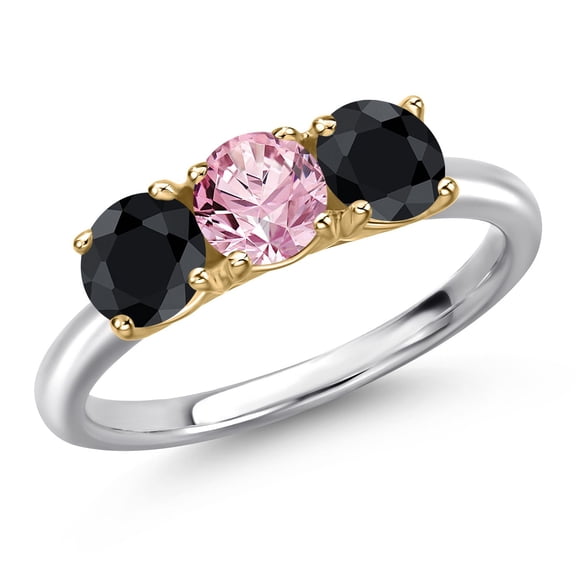 Gem Stone King 925 Silver and 10K Yellow Gold Pink Lab Grown Diamond and Black Sapphire Engagement Ring for Women | 1.88 Cttw | Round 5MM | Gemstone April Birthstone | Size 7