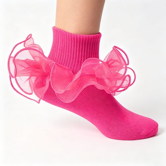 Frilly Lace Ankle Knit Socks,Soft Elastic Dance Foot Wear,Delicate Decor Short Stockings,Light Breathable Stretchy Knit Socks For Casual Performance Daily Wear,Hot Pink,6-8 Years