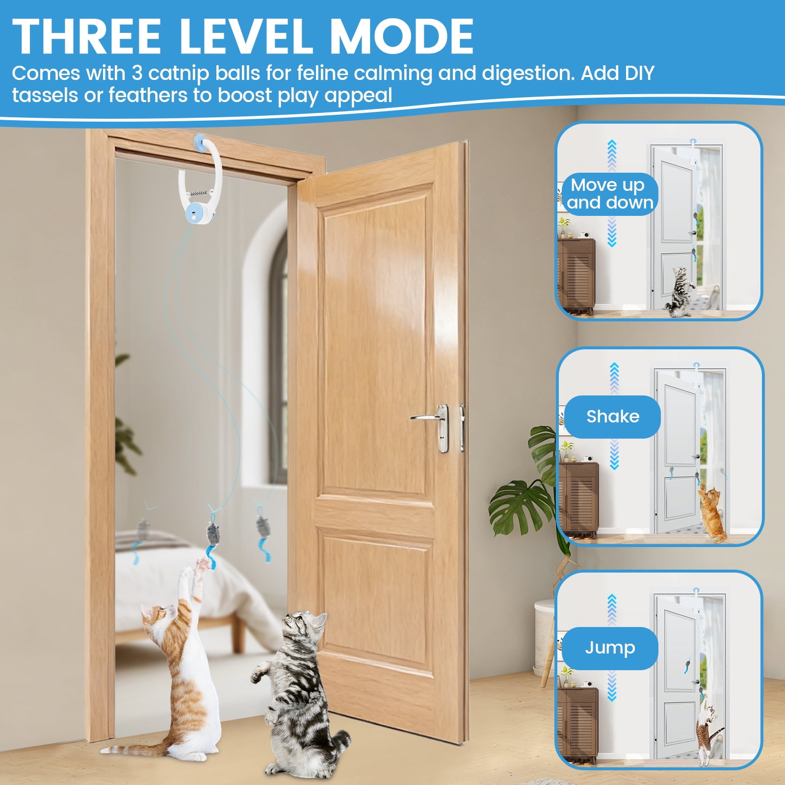Austok Self Play Hanging Door Cat Toy Interactive Door Hanging Retractable Kitten Toy with 3 Catnip Mice 3 Mode Rechargeable for Cat Exercise