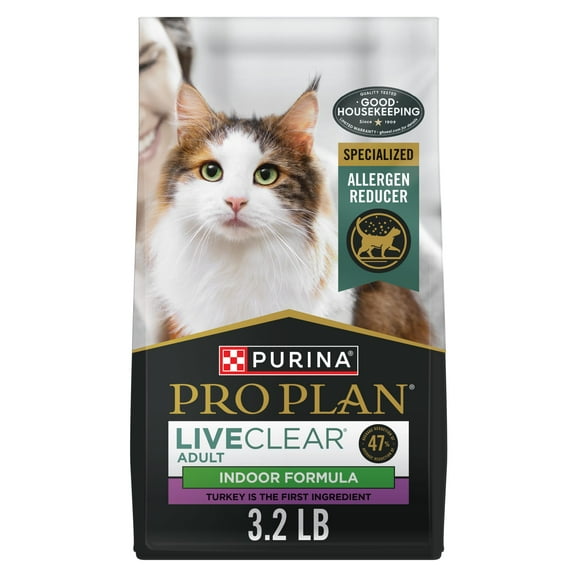 Purina Pro Plan Indoor Dry Cat Food LiveClear Cat Allergen Reducing Turkey and Rice Formula, 3.2 lb Bag