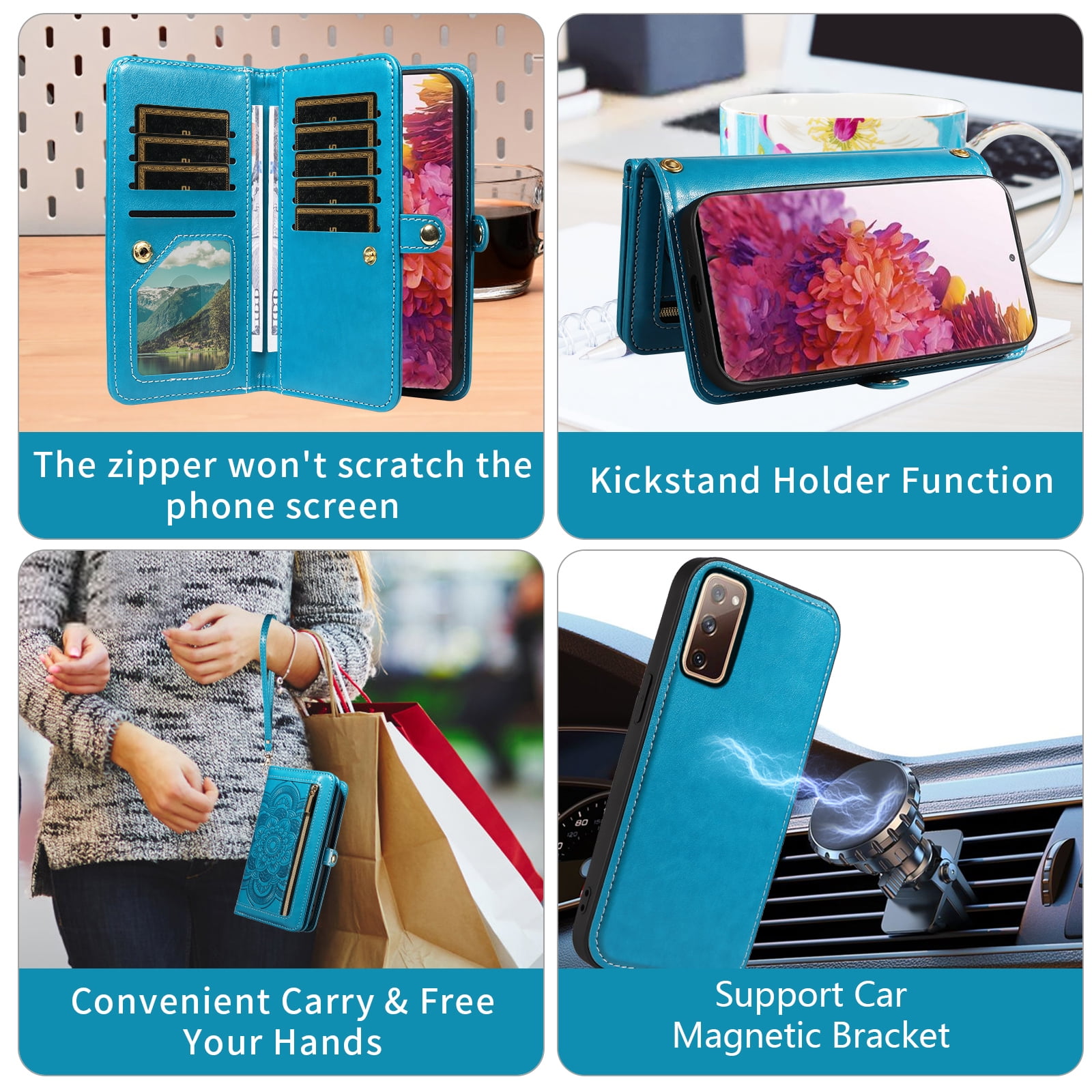 Phone Case for Samsung Galaxy S20 FE 5G 6.5 inch Zipper Wallet Cell Cover with Screen Protector Strap Flower Flip Card Holder S 20 EF UW 2022 S20FE5G S20FE 20S S2O Fan Edition 4G G5 Women Blue