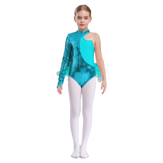 Aislor Robe Justaucorps à Sequins en Plumes et Tulle pour Filles, une Épaule, Manches Longues, Combinaison Bleu Vert 8