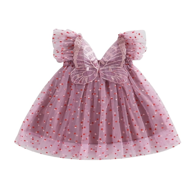 POINTERTECK Bébé Filles Tenues d'Anniversaire Mouche Manches Dot Imprimer une Ligne Princesse Robe 3D Papillon Décor Tulle Robe
