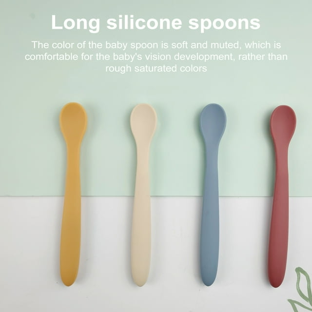 Food Spoon Long-handled Silicone Baby Feeding Spoon Heat-resistant Soft Tip Infant Training Spoon for Kids