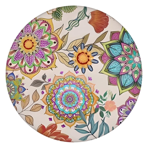 Stretchable Round Table Cover with Boho Floral Pattern - Colorful Elastic Edge Tablecloth - Fits 52 to 56 Inch