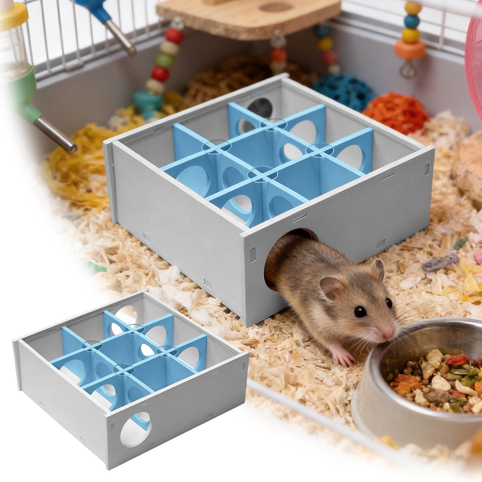 Hamster Maze Hideout - Interactive Wooden Enrichment Toy Multi-Chamber 9-Room Hamster Houses and Hideouts For Small Animals Hamsters Gerbils,Blue
