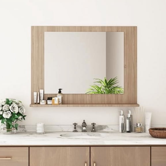 CHARMAID Bathroom Mirror with Shelf - 24" x 18" Wall Mirror Over Bathroom Sink, Wood Frame Vanity Makeup Mirror Wall Mounted, Rectangle Hanging Mirror for Washroom Entryway (Light