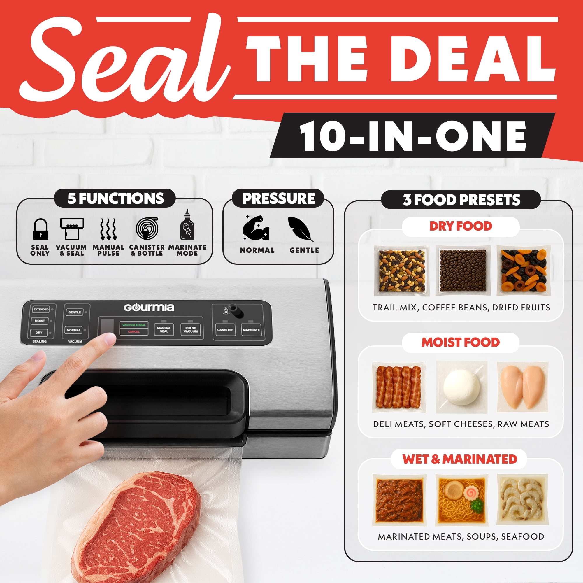 Gourmia Vacuum Sealer, Adjustable Seal and Pressure Settings, Built-In Bag Cutter, Stainless Steel